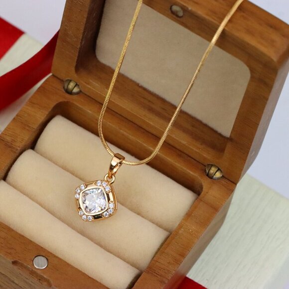 "White Cushion Stone Pendant in Gold Plated Brass with Crystal Halo, XPPT1769 - Picture 8 of 12